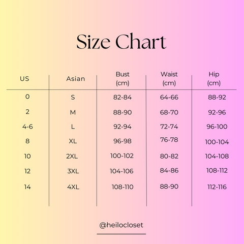 Heilo Closet dress size chart