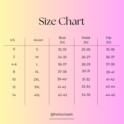 Heilo Closet dress size chart in inches