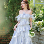 Sara - elegant off shoulder blue floral midi dress
