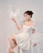 Daisy - Puff Sleeve Little White Dress - Image 3