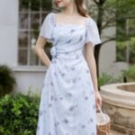 Ixora - short sleeve one side flower midi dress