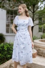 Ixora - short sleeve one side flower midi dress