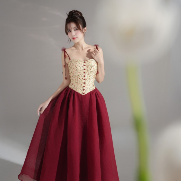 Scarlett Dress - Burgundy Mini Floral Pattern Vintage Maxi Dress