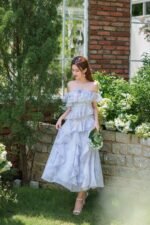 Sara - elegant off shoulder blue floral midi dress - Image 2