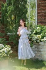 Sara - elegant off shoulder blue floral midi dress - Image 3