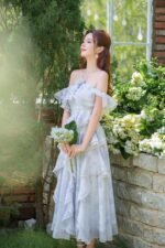 Sara - elegant off shoulder blue floral midi dress - Image 4