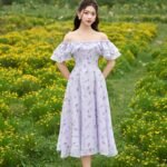 Lilac -  Romantic garden printed floral midi dress in purple color