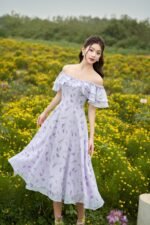 Lilac -  Romantic garden printed floral midi dress in purple color - Image 2