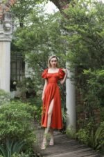 Fiesta - orange puff sleeve midi dress - Image 3
