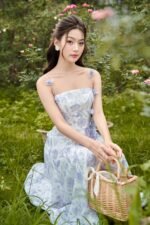 Flora - elegant blue printed floral midi dress - Image 2